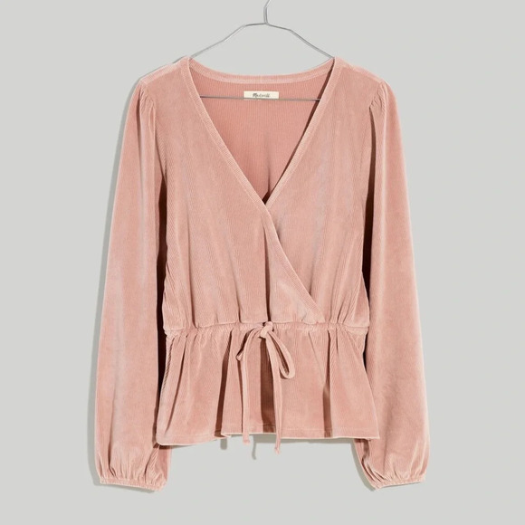 NWT Madewell Corduroy Tie Front Faux Wrap Top Blush Pink Small - Picture 1 of 15